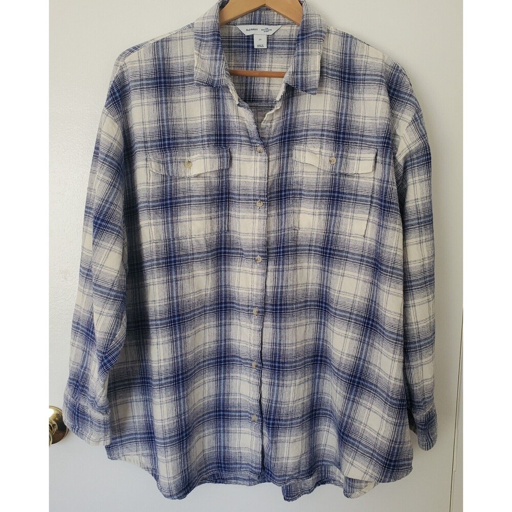 OLD NAVY Boyfriend Flannel Shirt Womens 2X Blue White Plaid Oversized Button Up